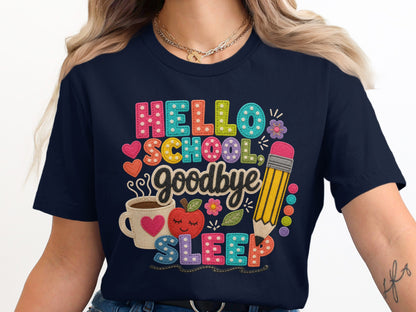 Navy t-shirt with "Hello School Goodbye Sleep" text and illustrations