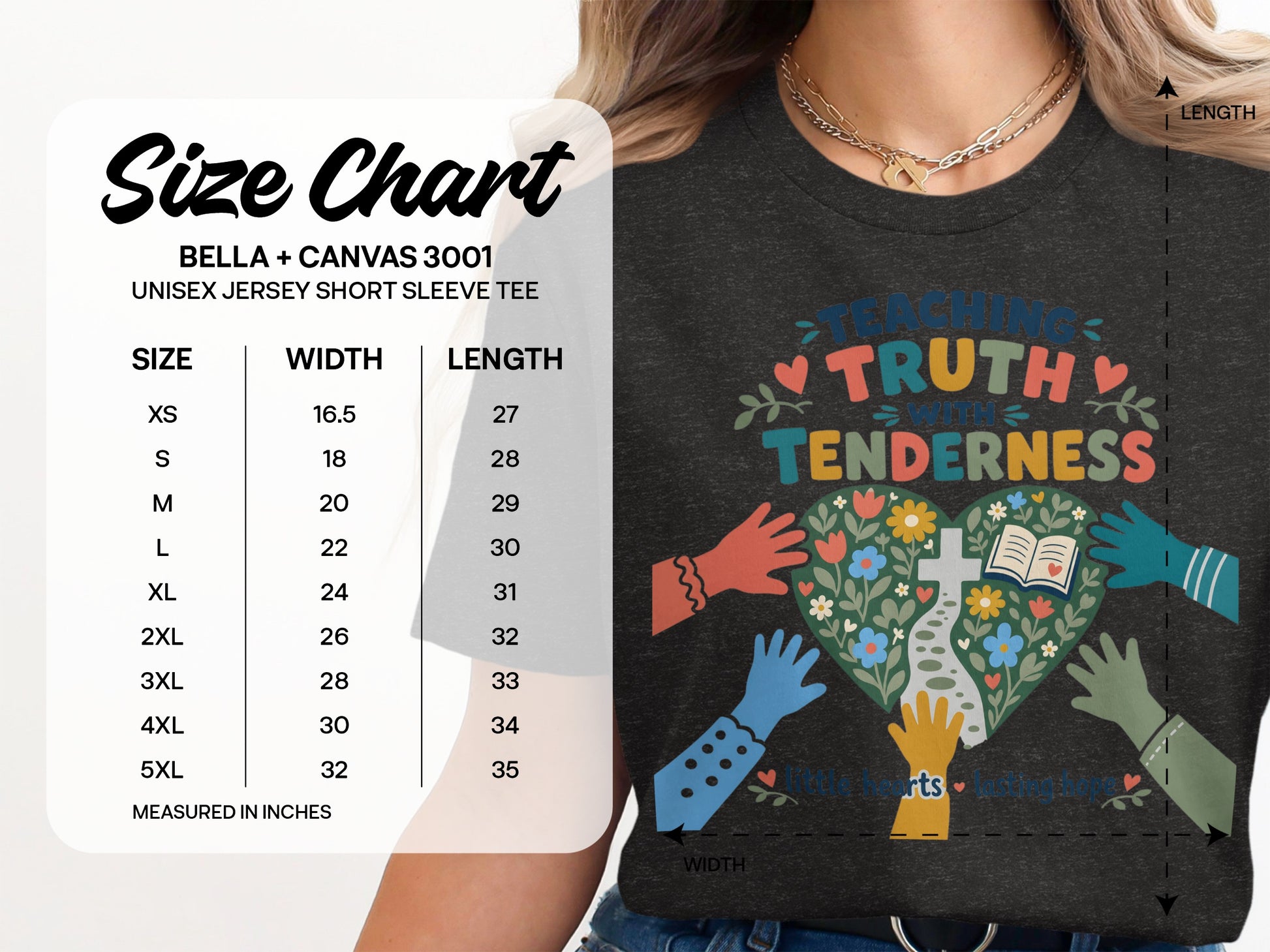 Size chart for Bella + Canvas 3001 unisex tee showing width and length in inches.