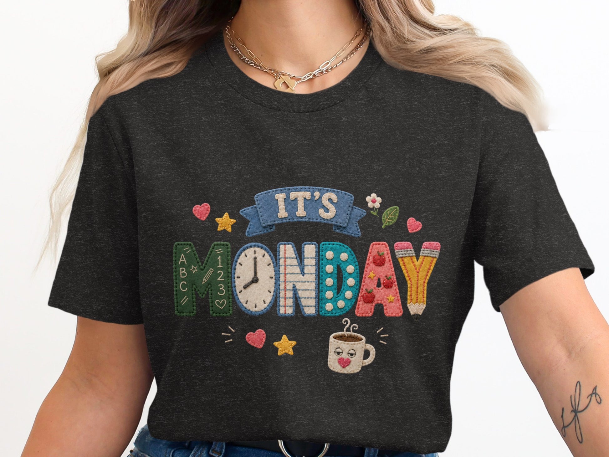 "It's Monday" text designed with school elements, featuring a clock, pencil, and a coffee mug.