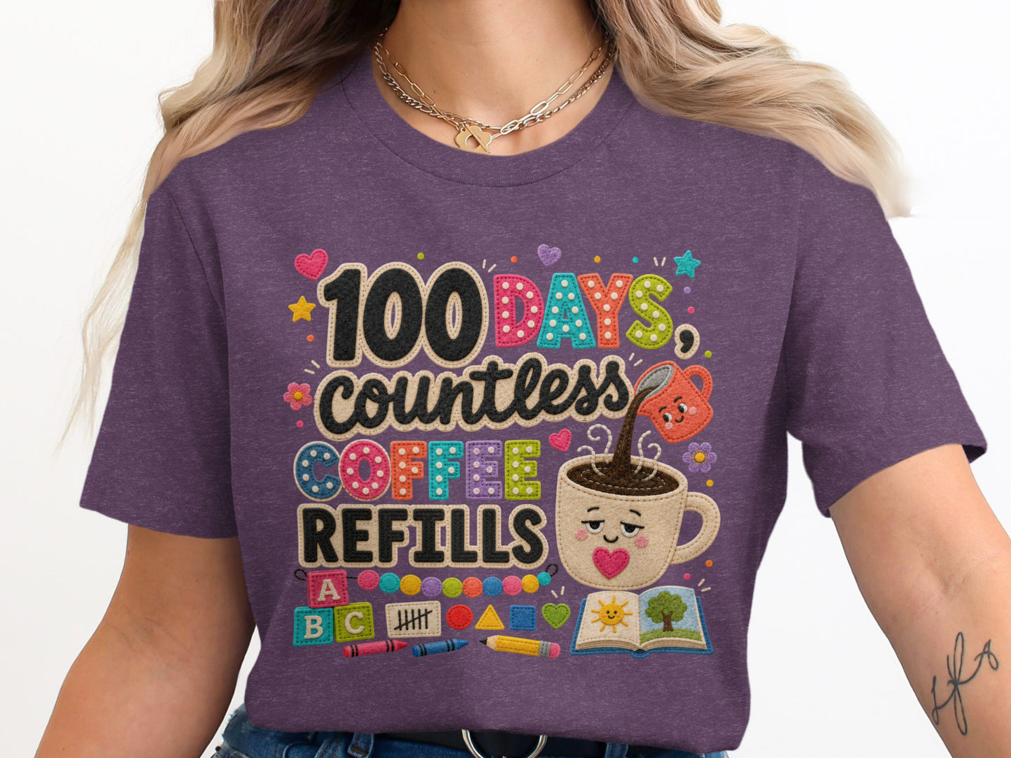 Purple t-shirt graphic: "100 DAYS countless COFFEE REFILLS" with book