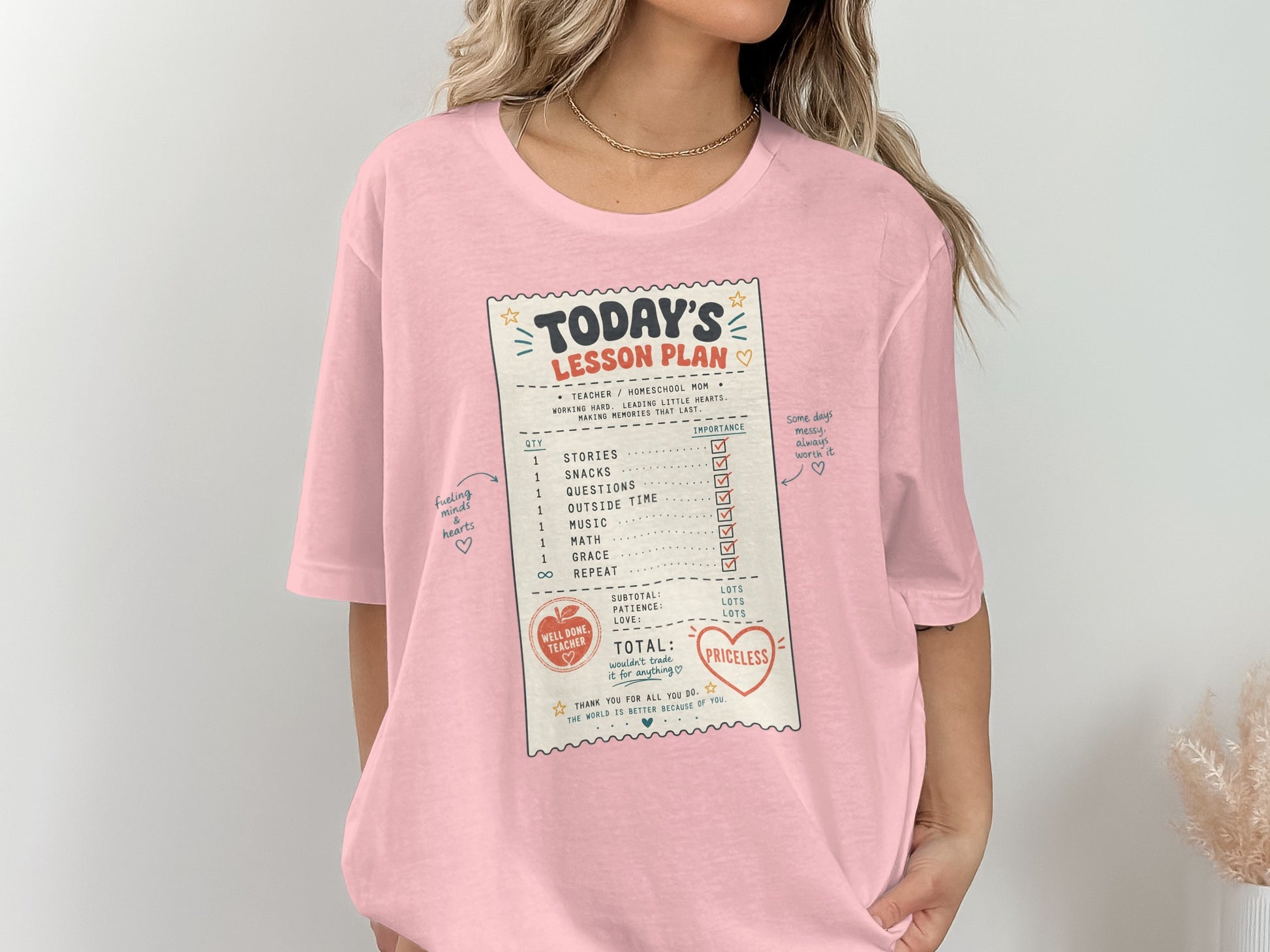 TODAY'S LESSON PLAN receipt with items like stories, snacks, math, and priceless total.