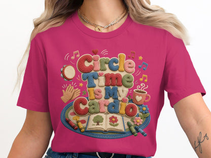 Circle Time is My Cardio t-shirt with colorful felt letters, book, and art supplies.