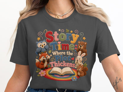 Story Time: Where the Plot Thickens text with cute animals around an open book.