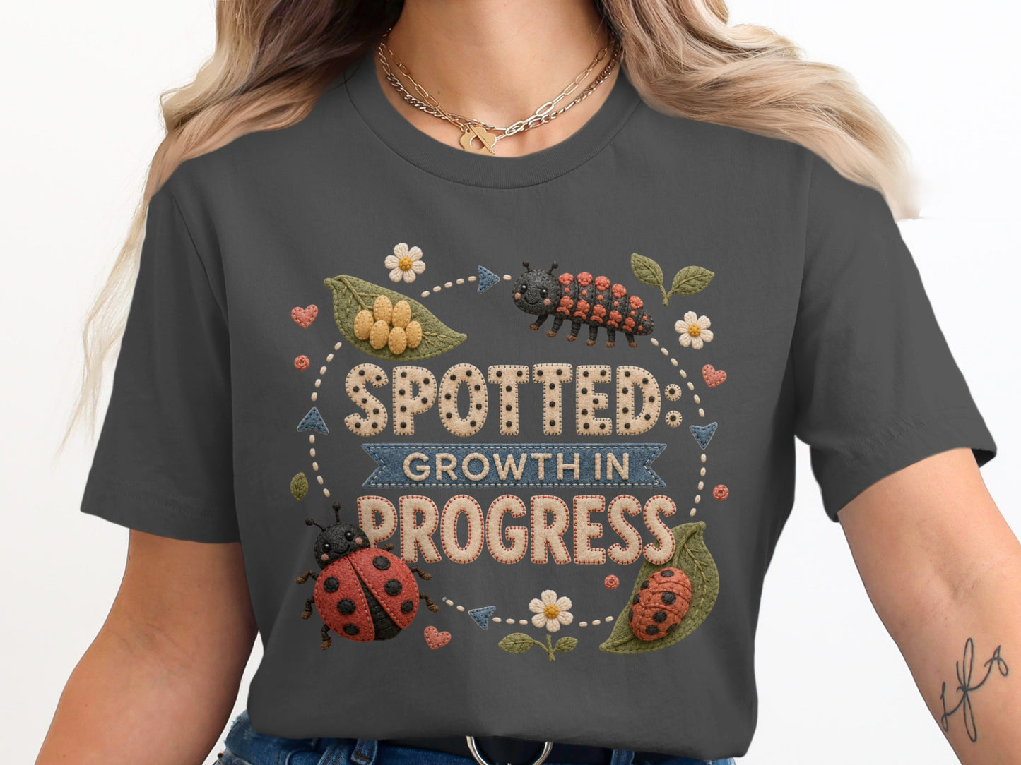 Spotted growth in progress graphic with ladybugs and caterpillar.