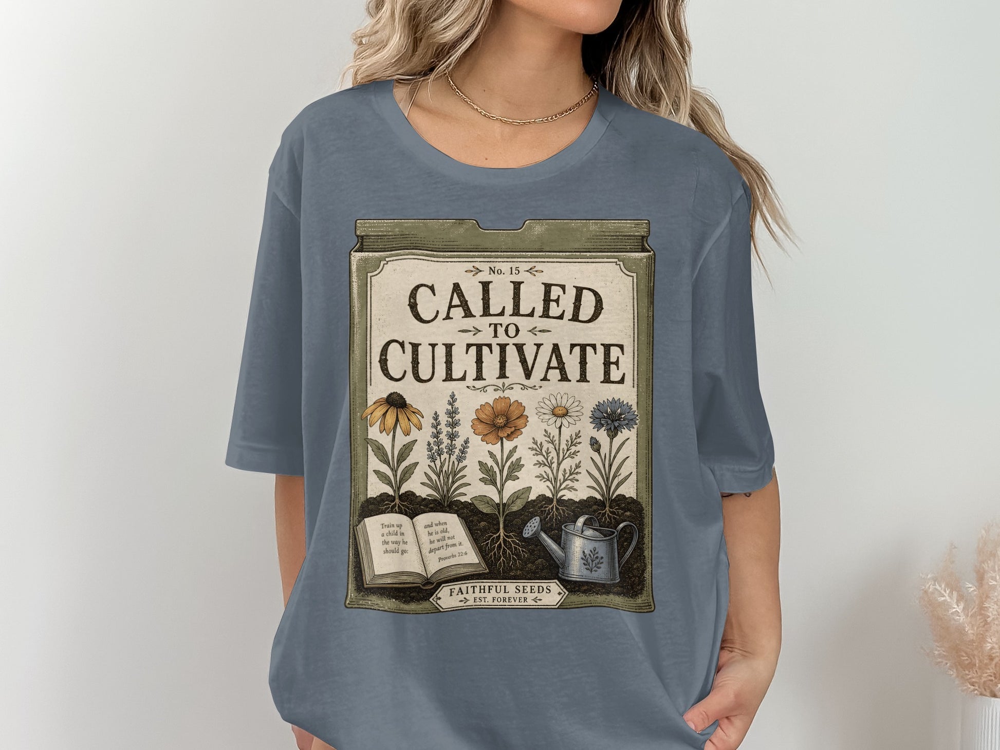 T-shirt graphic: "Called to Cultivate," flowers, book, and watering can.