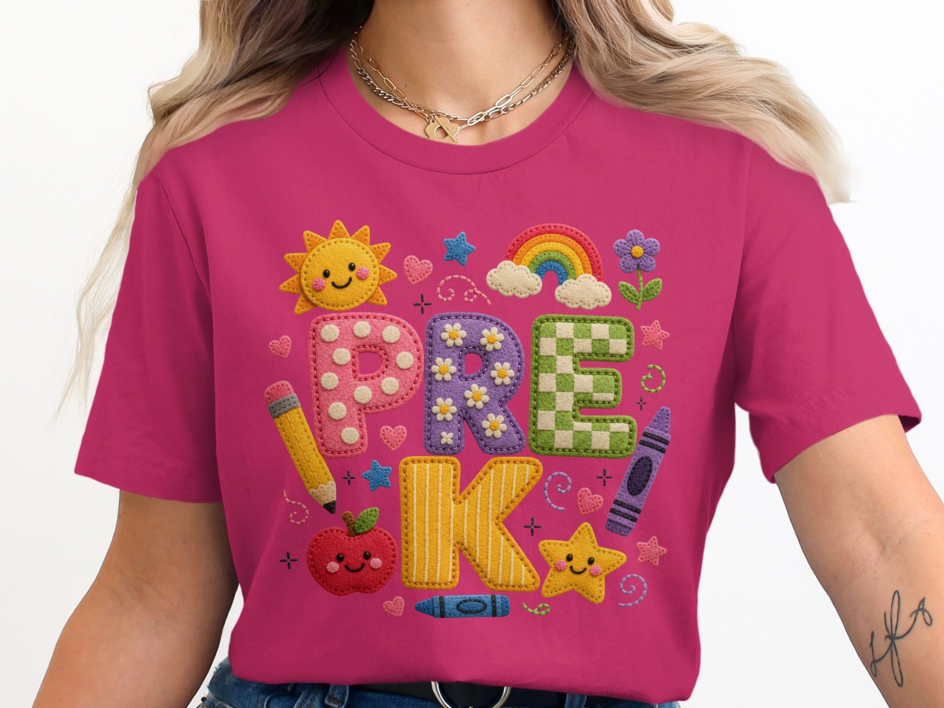 Pink t-shirt with "PRE-K" lettering and school-themed applique decorations.