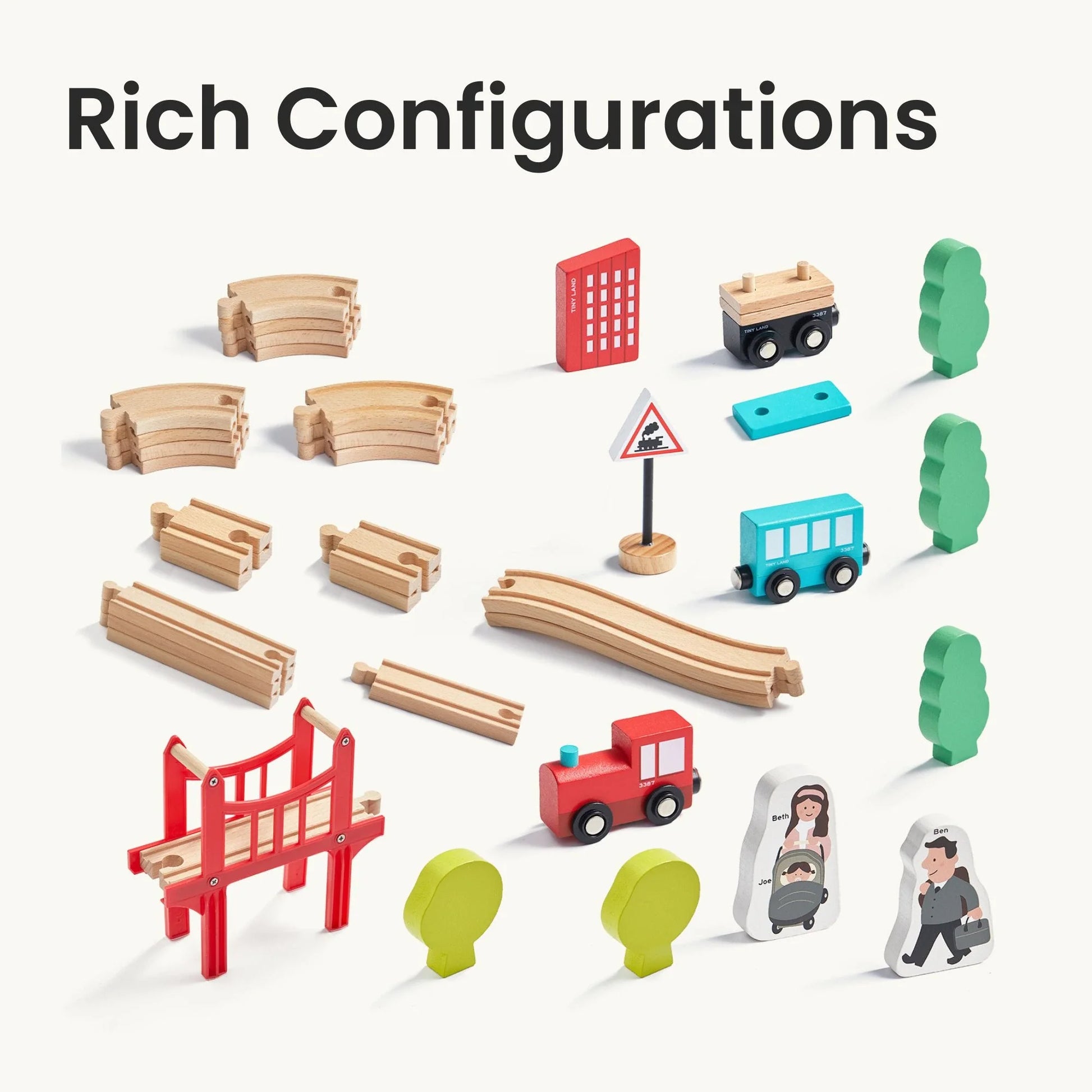Wooden train tracks connected in a creative layout for preschool pretend play