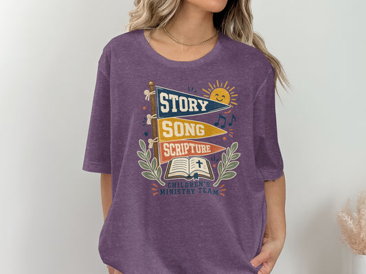 Children's Ministry Team t-shirt with "Story," "Song," "Scripture" text and an open bible.