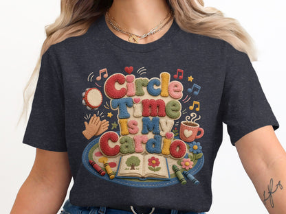 Circle Time Is My Cardio graphic with children's book, crayons, and music notes.