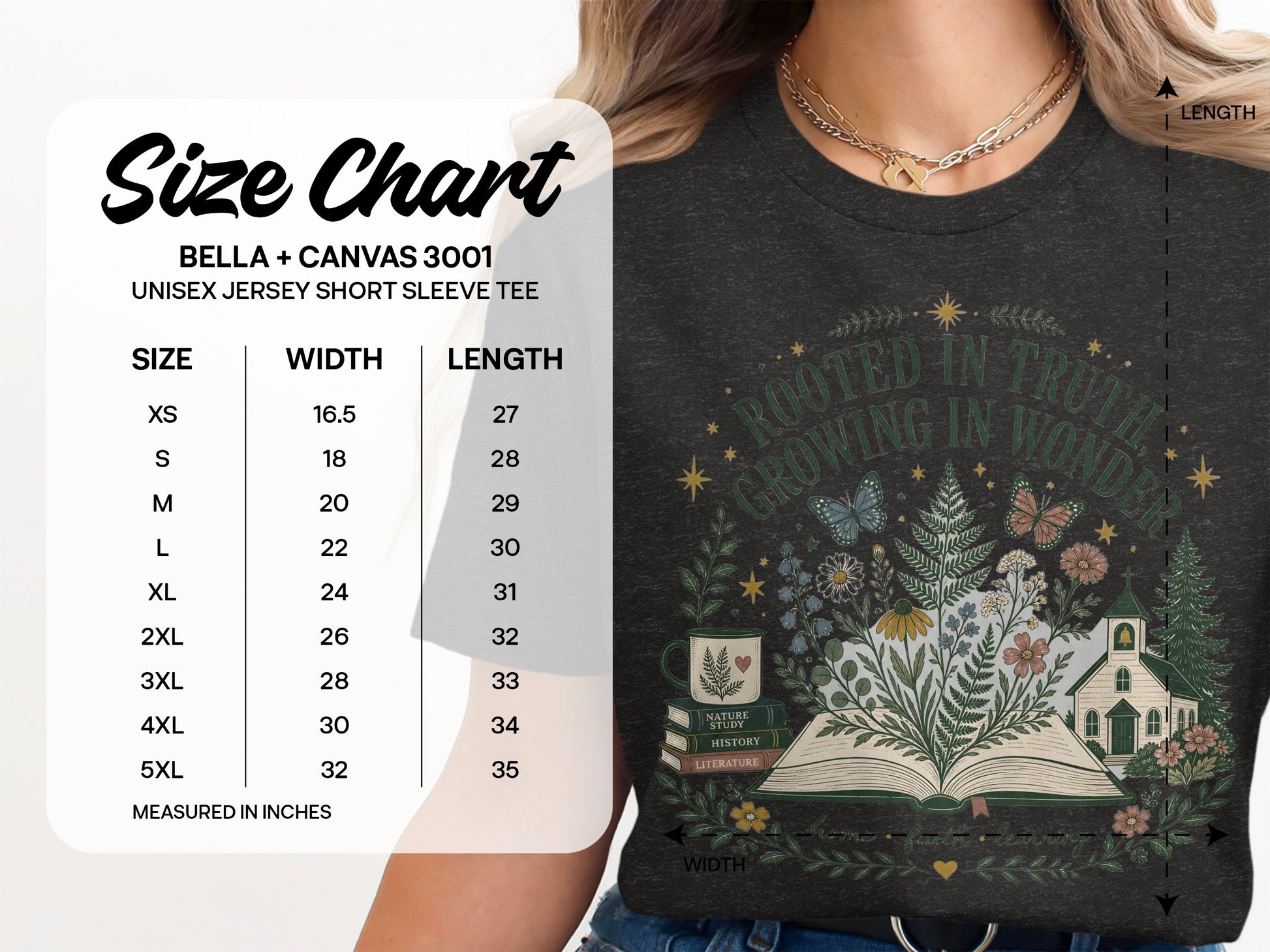 Size chart for Bella + Canvas 3001 unisex short sleeve tee with measurements.