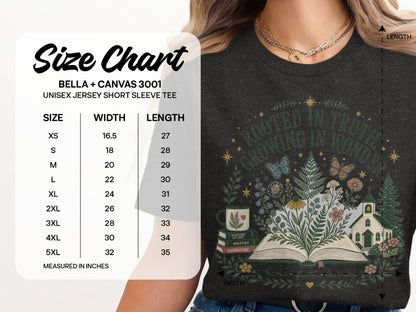 Size chart for Bella + Canvas 3001 unisex short sleeve tee with measurements.