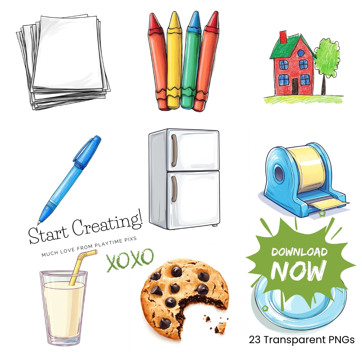 Collection of colorful illustrations including crayons, paper, a house, a pen, a refrigerator, a cookie, and a glass of milk on a white background.