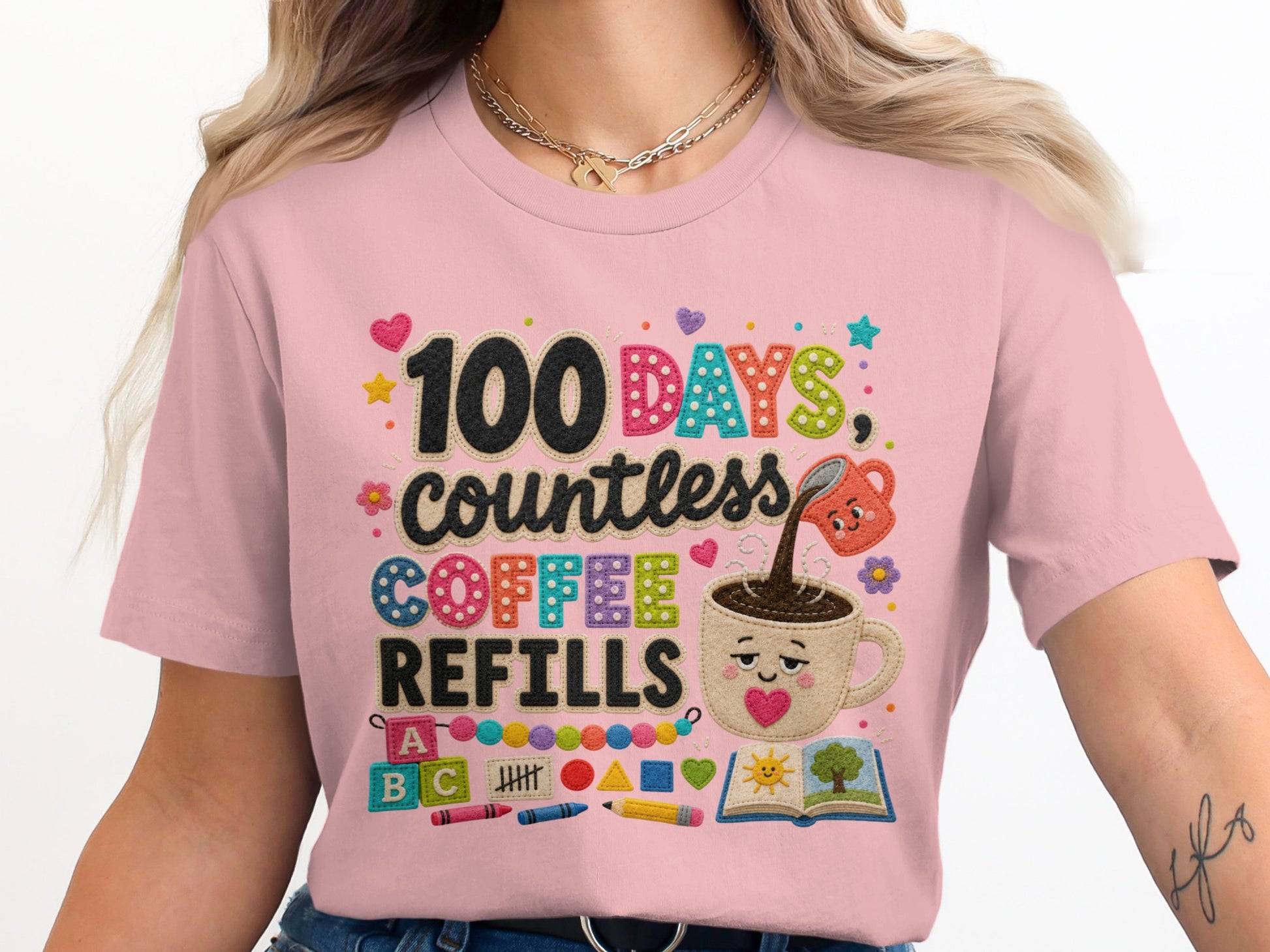 Pink t-shirt with "100 Days countless COFFEE REFILLS" text, coffee cup, and school supplies.