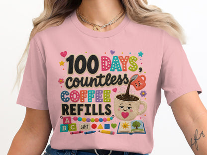 Pink t-shirt with "100 Days countless COFFEE REFILLS" text, coffee cup, and school supplies.