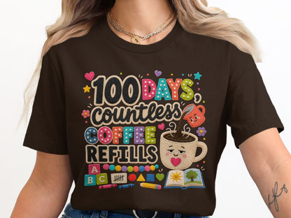 100 Days countless coffee refills t-shirt with playful graphics of coffee, books, and school supplies.
