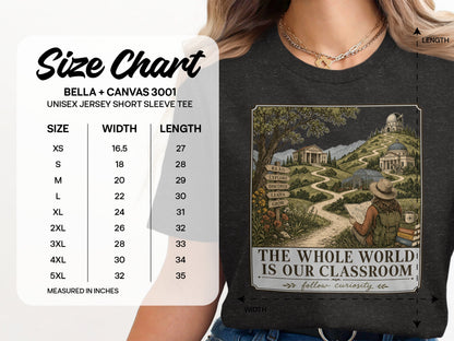 Bella + Canvas 3001 unisex tee size chart on the left, graphic on right.