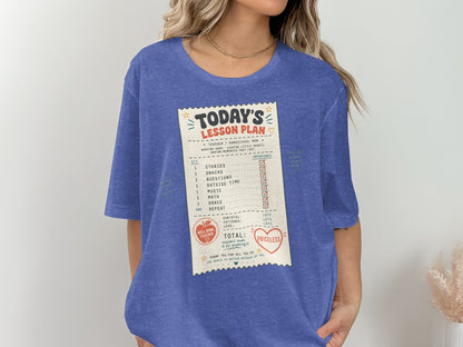 Blue t-shirt with "Today's Lesson Plan" receipt graphic.