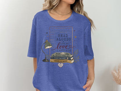 T-shirt graphic of a lamp next to books with text "read alouds are my love language".