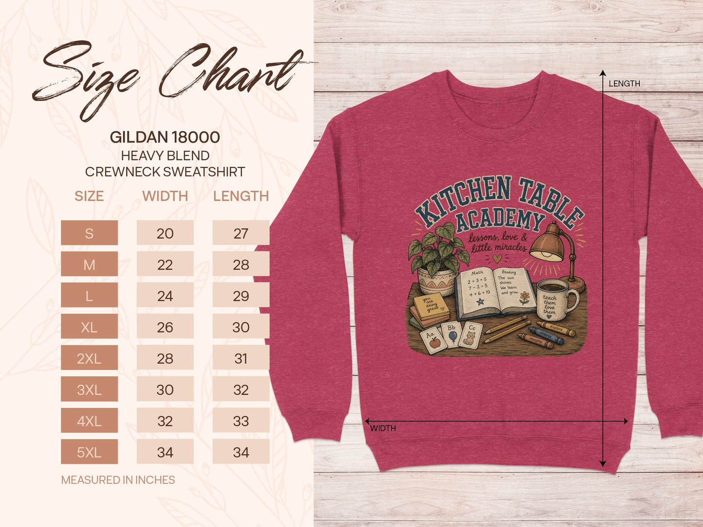 Gildan 18000 size chart with width and length measurements for crewneck sweatshirts.
