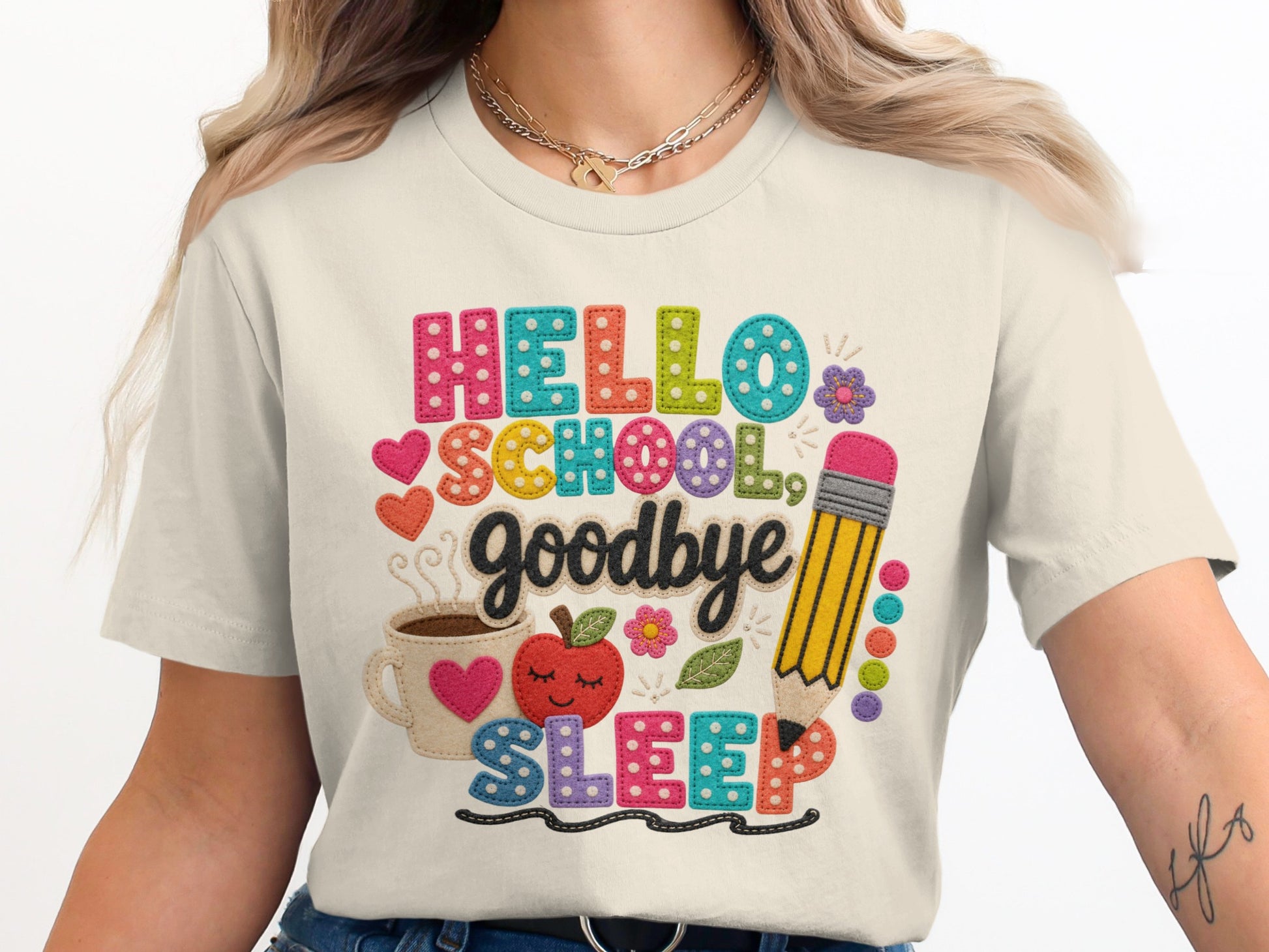 "HELLO SCHOOL GOODBYE SLEEP" text with apple, coffee, pencil, and hearts graphics.