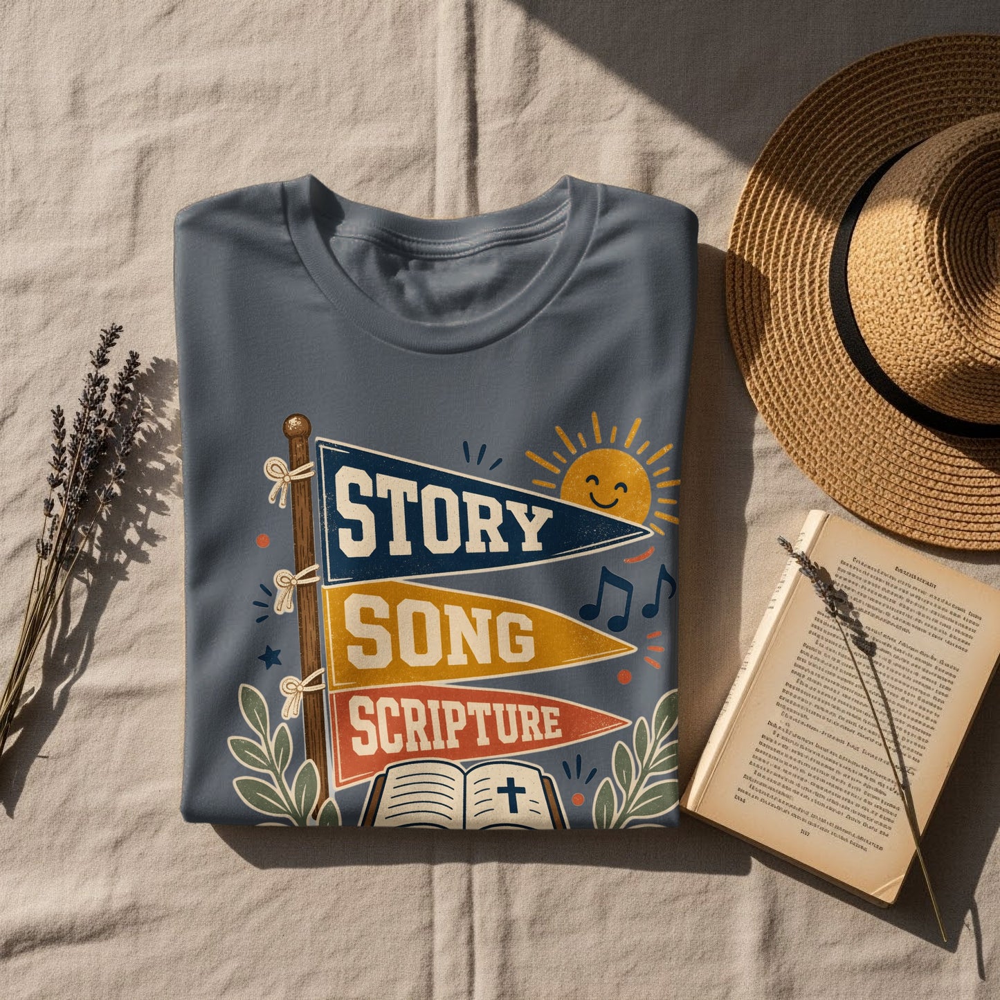 T-shirt featuring flags with text: STORY, SONG, SCRIPTURE. Open bible with cross.