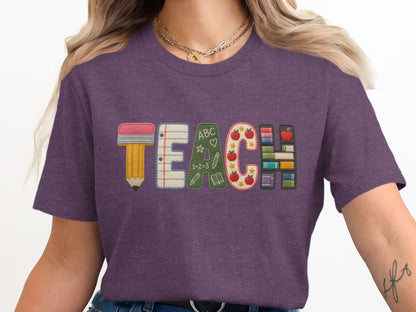 Purple t-shirt with "TEACH" spelled out with school-themed embroidered letters.