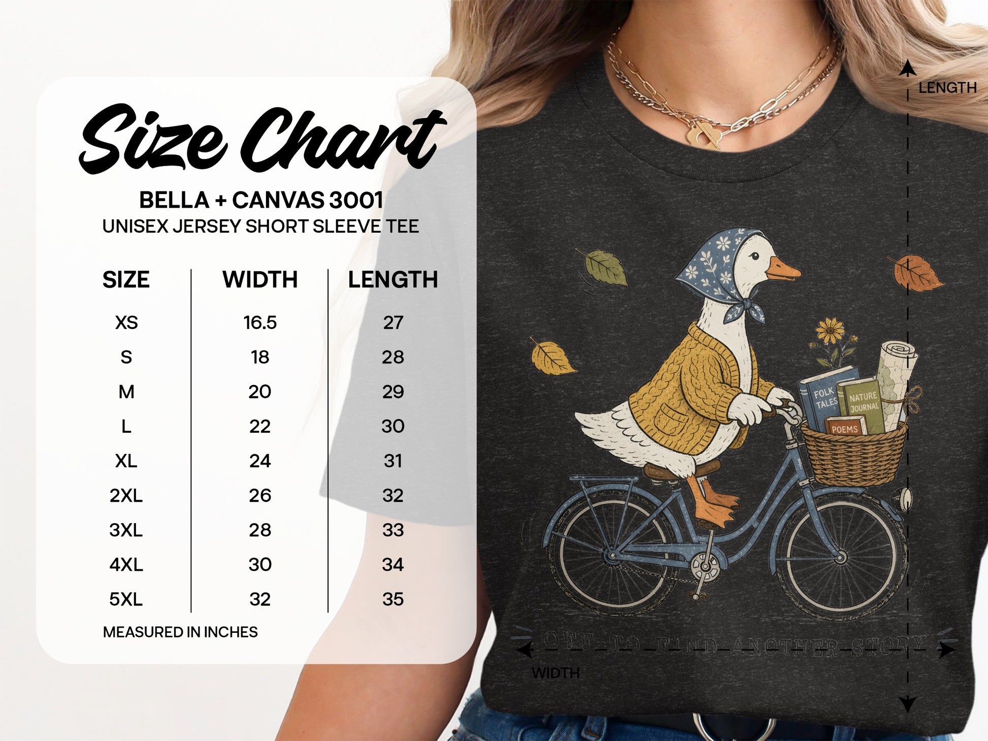 Size chart for Bella + Canvas 3001 unisex short sleeve tee with illustrated duck on bicycle.