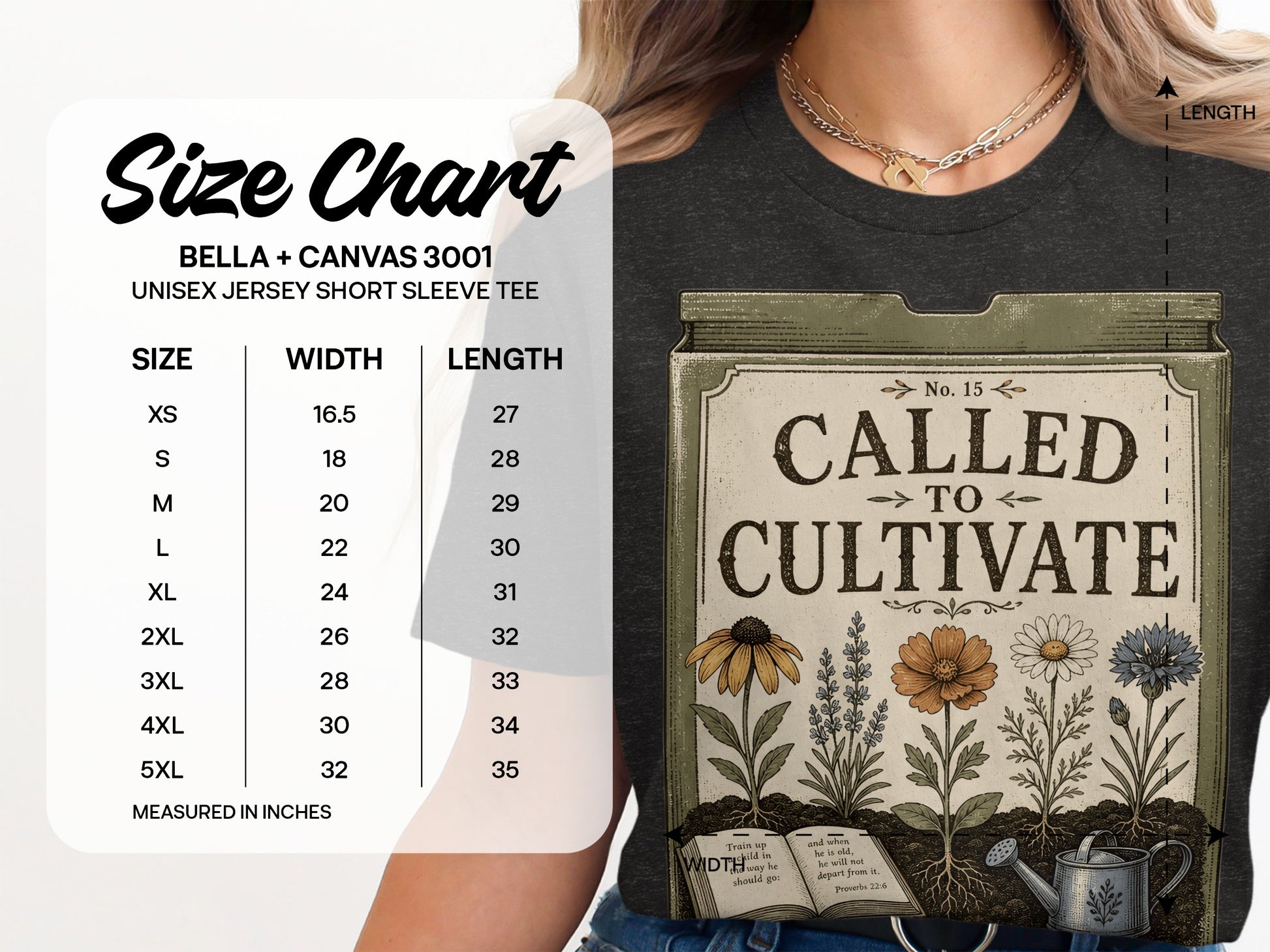 Bella + Canvas 3001 unisex tee size chart with width and length measurements in inches.