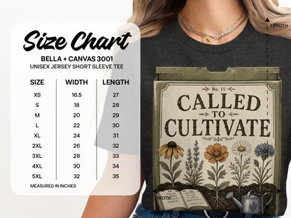 Bella + Canvas 3001 unisex tee size chart with width and length measurements in inches.