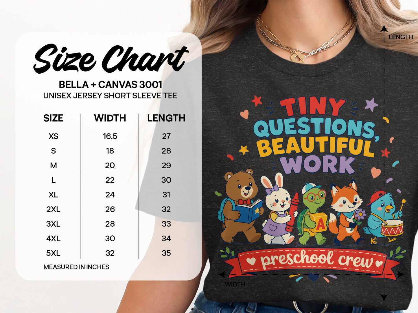 Size chart for Bella + Canvas 3001 unisex short sleeve tee with graphic.