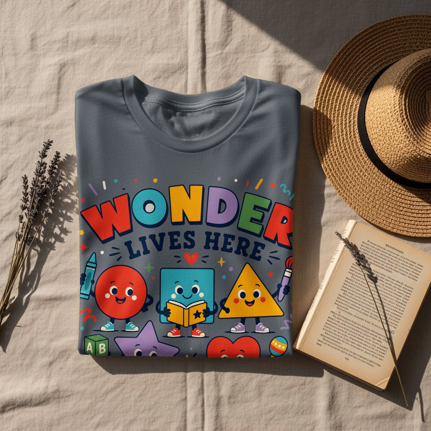 Gray t-shirt with cartoon shapes and "WONDER LIVES HERE" text.