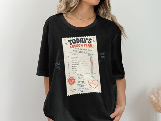 Black t-shirt graphic with "Today's Lesson Plan" receipt design.
