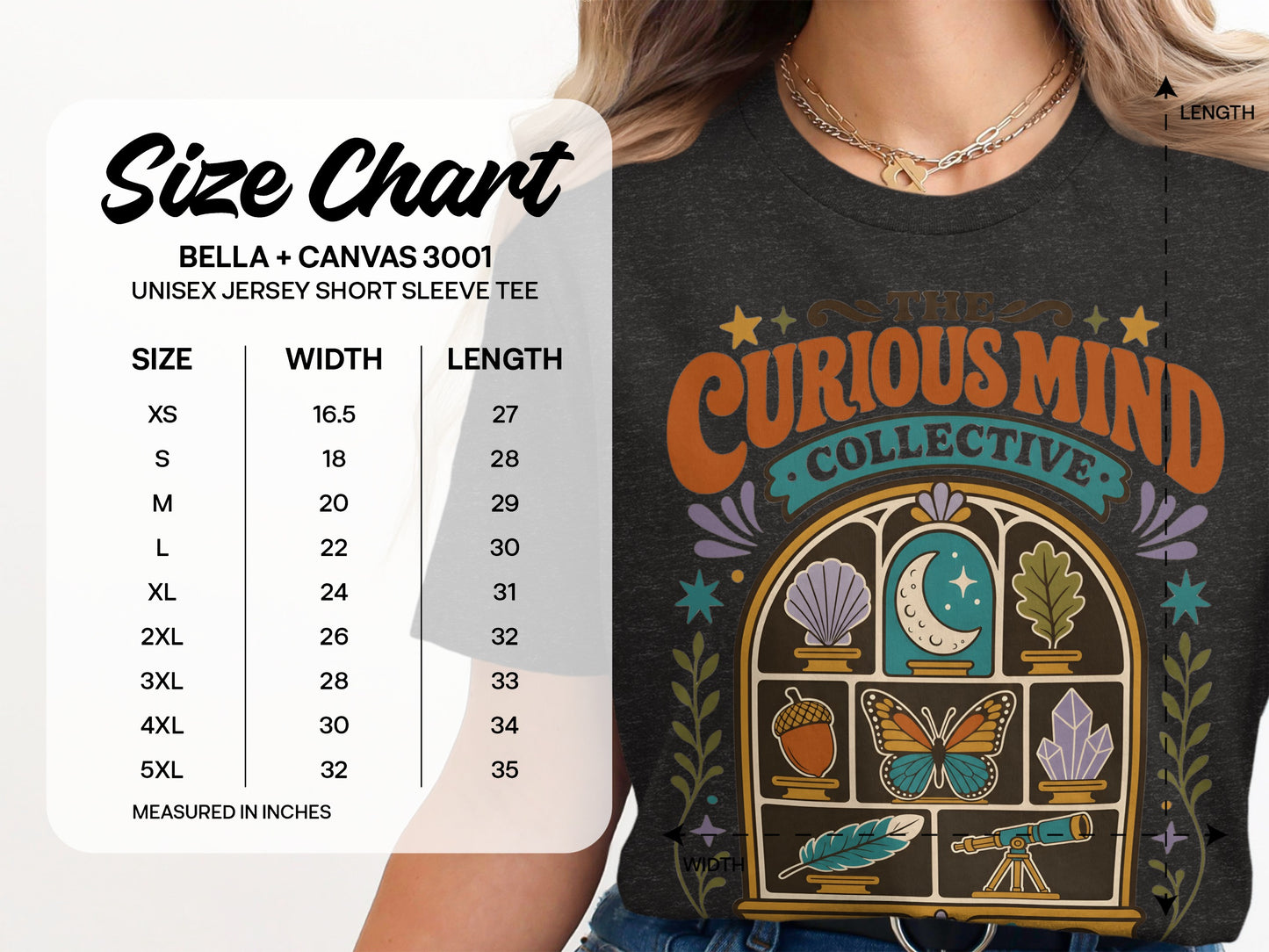 BELLA + CANVAS 3001 Unisex Jersey Short Sleeve Tee size chart.