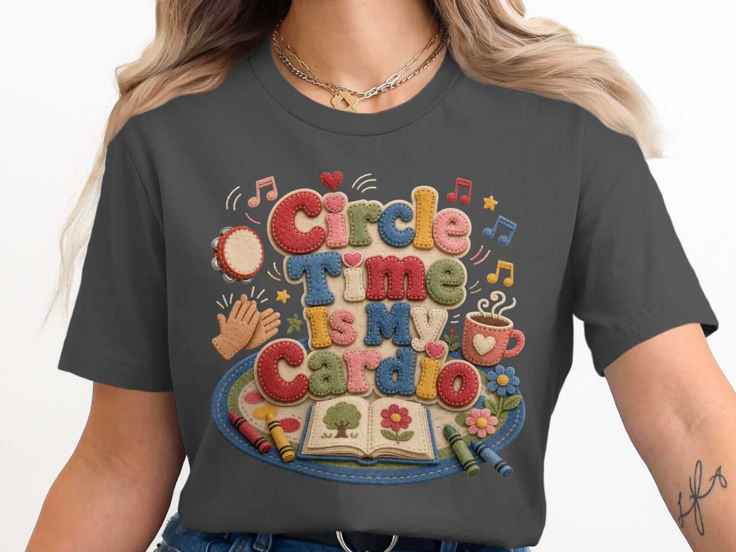 Dark gray t-shirt with "Circle Time Is My Cardio" text and classroom elements.