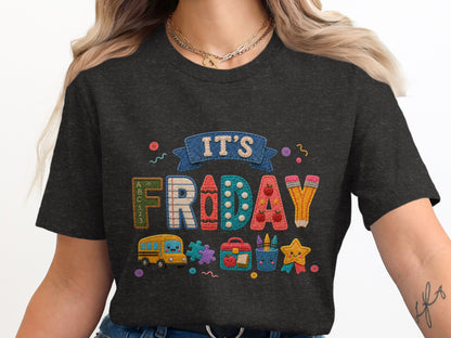 T-shirt with "IT'S FRIDAY" text surrounded by school-themed cartoon elements.