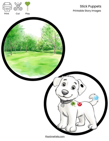 Preschool story printables featuring Dog collecting more colorful spots, reinforcing sequencing and early literacy.