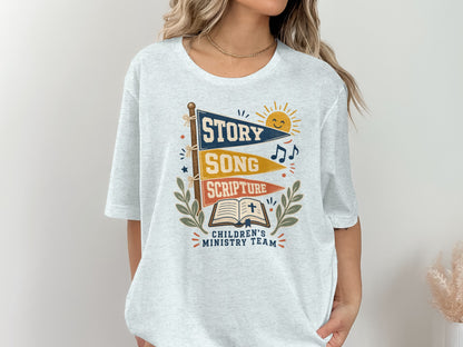 Children's Ministry Team graphic with "Story", "Song", and "Scripture" pennants.