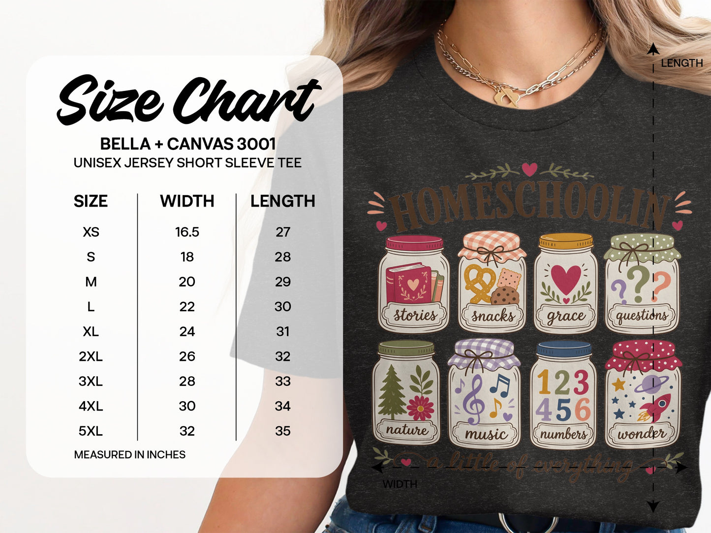 Size chart for Bella + Canvas 3001 unisex jersey short sleeve tee with graphic.