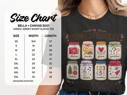 Size chart for Bella + Canvas 3001 unisex jersey short sleeve tee with graphic.
