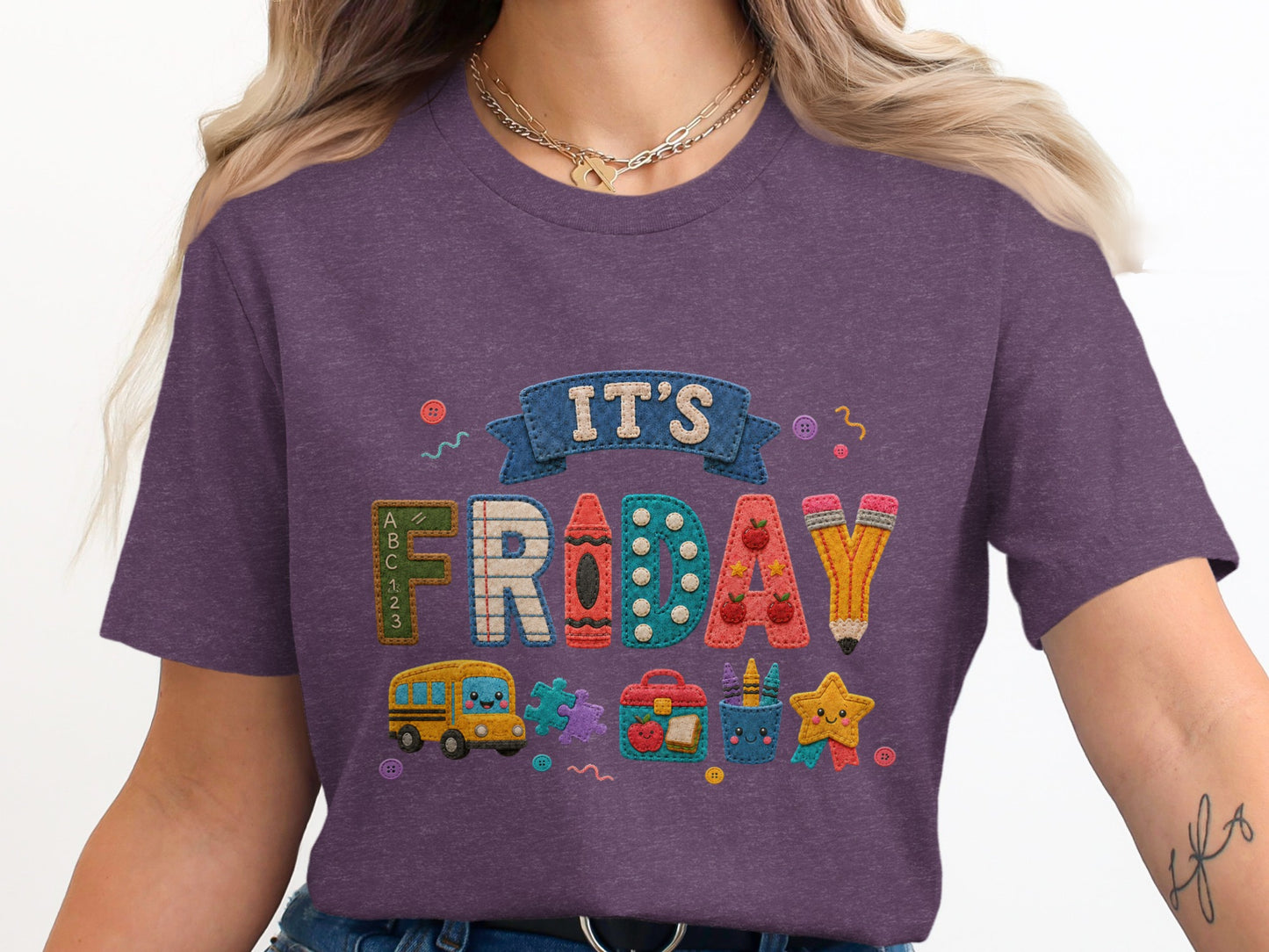It's Friday text with school elements: bus, crayons, lunchbox, pencils, and star.