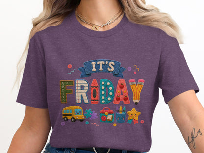 It's Friday text with school elements: bus, crayons, lunchbox, pencils, and star.