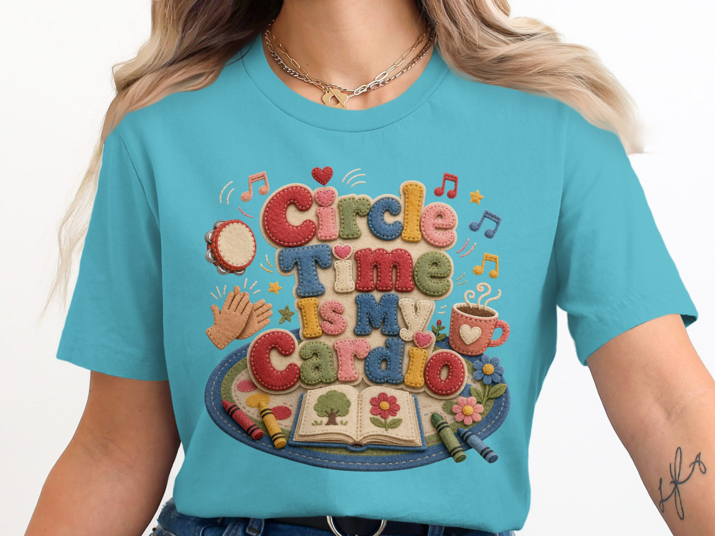 Circle Time is My Cardio text with felt-like letters, tambourine, and open book.
