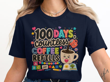 100 Days countless coffee refills text with illustrations on a navy t-shirt.