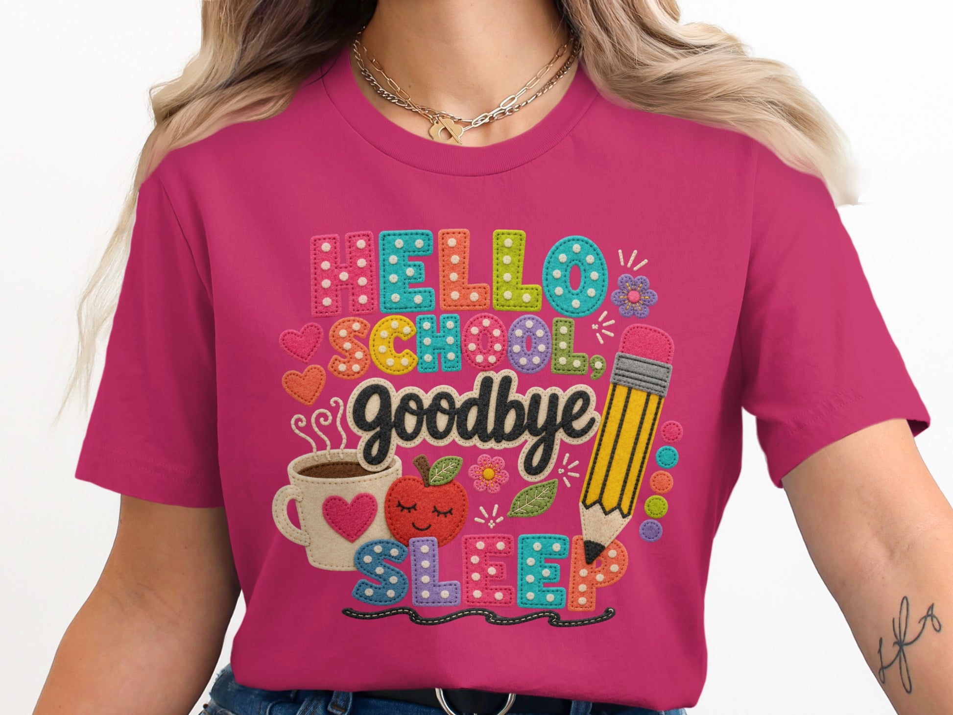 Hello School Goodbye Sleep text with apple, coffee, pencil, and decorative elements.