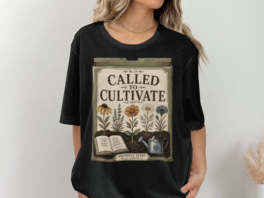 Black t-shirt with "Called to Cultivate" and floral graphic, including a watering can.