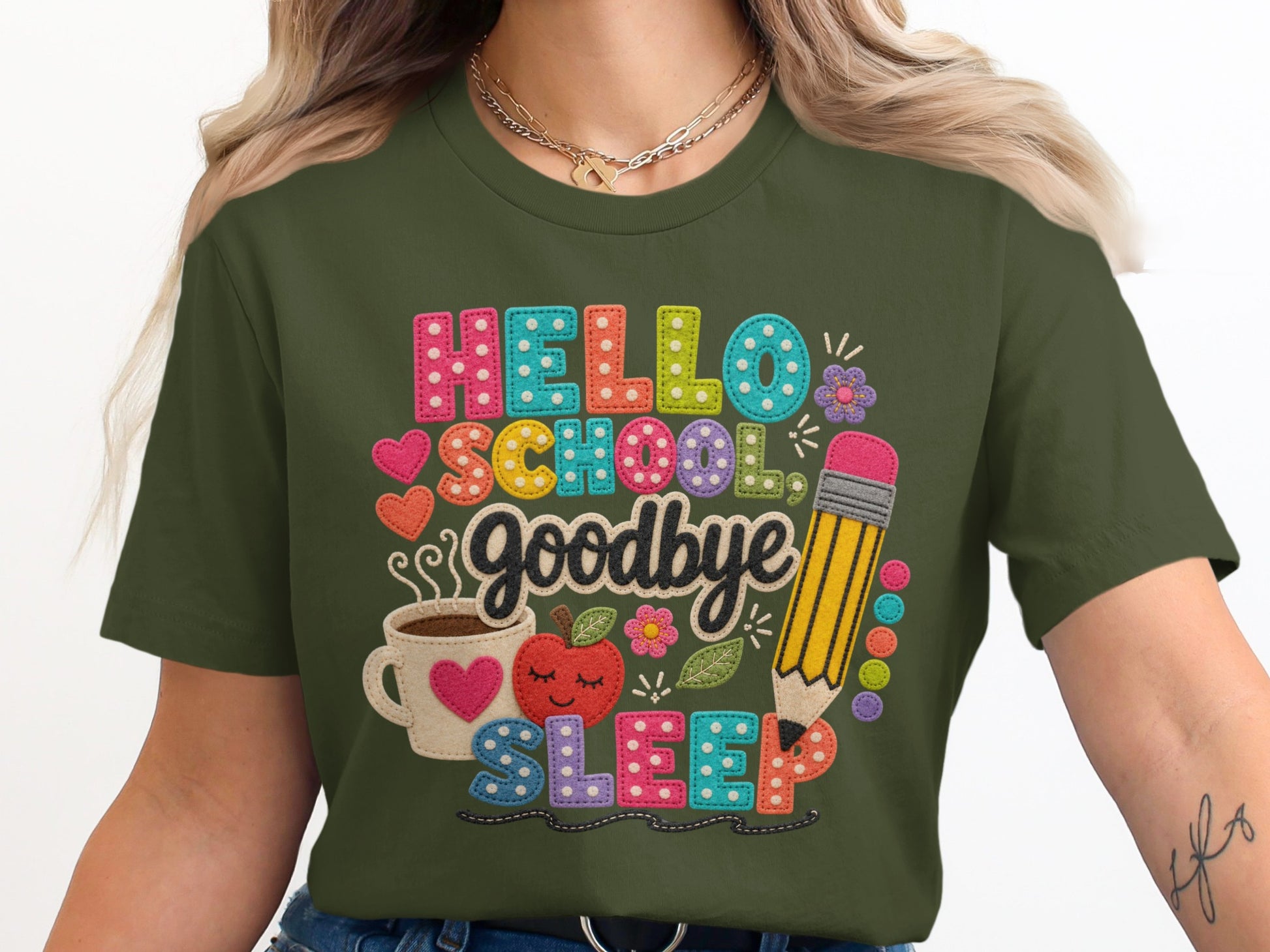 Hello school goodbye sleep graphic with pencil, apple, and coffee cup.