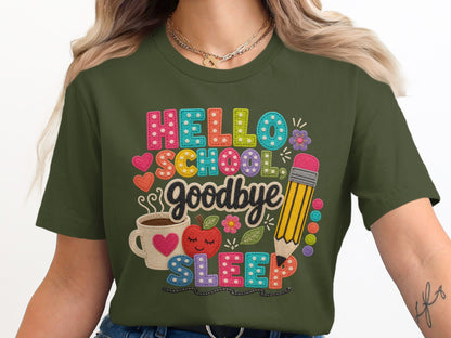Hello school goodbye sleep graphic with pencil, apple, and coffee cup.