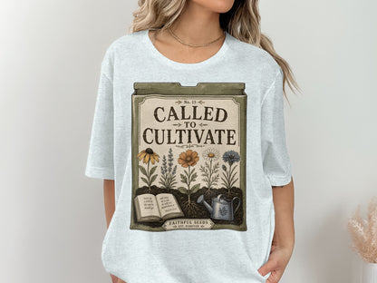 "Called to Cultivate" t-shirt design featuring flowers, book, and watering can.