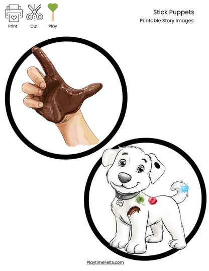 Dog’s Colorful Day activity printables showing mid-story moments as Dog encounters different colorful messes.