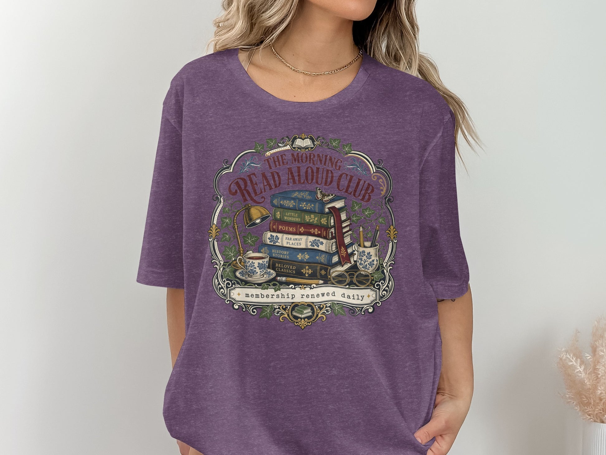 "The Morning Read Aloud Club" graphic with books, tea, and "membership renewed daily".